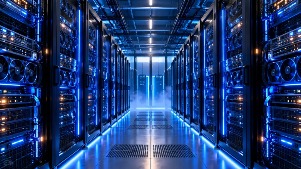 Enterprise data centre racks representing an AI control plane managing models, agents and data at scale