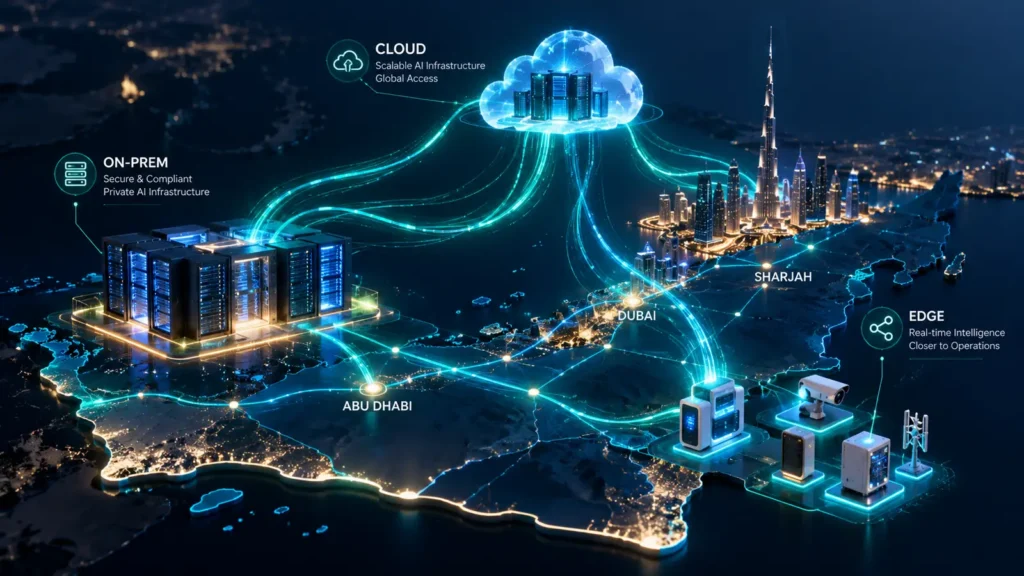 Hybrid network visual linking cloud, on-prem and edge, representing a portable AI stack without vendor lock-in