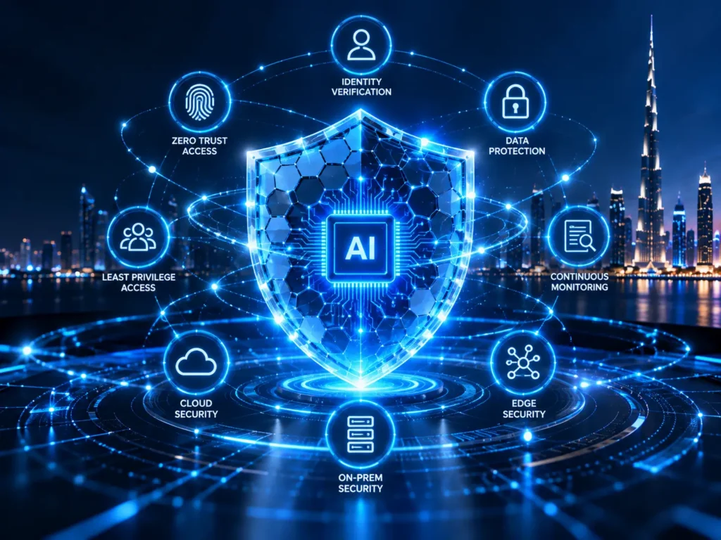 Abstract zero trust network diagram with verified connections between AI models, agents and enterprise data stores