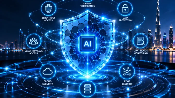 Abstract zero trust network diagram with verified connections between AI models, agents and enterprise data stores
