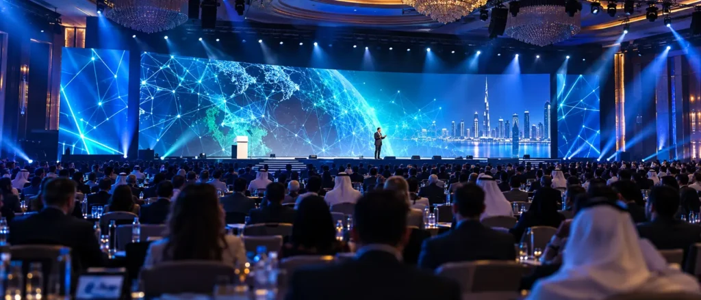 Keynote stage at an enterprise AI summit, illustrating governance of agentic AI in large organisations