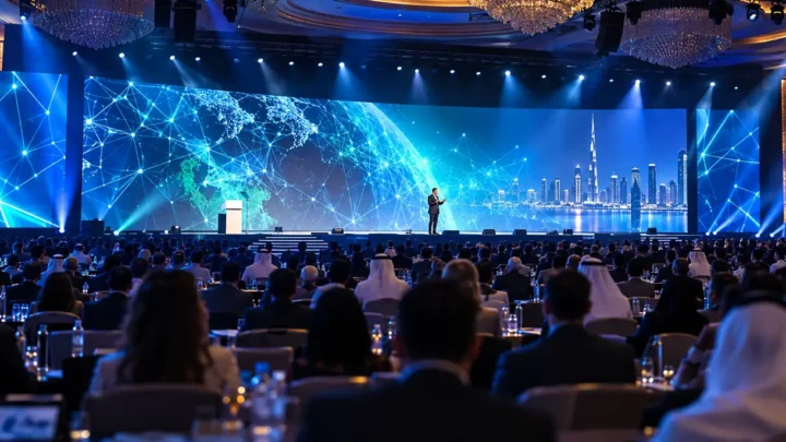 Keynote stage at an enterprise AI summit, illustrating governance of agentic AI in large organisations