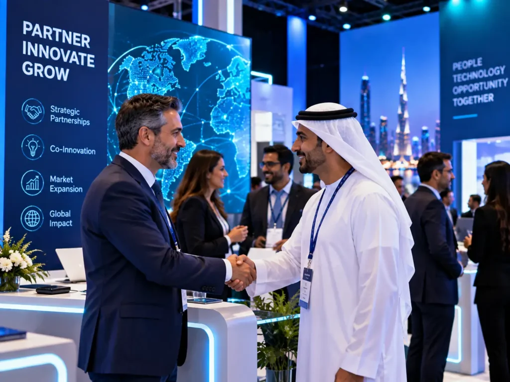 Technology partners and enterprise delegates networking at a sponsored AI conference reception in Dubai