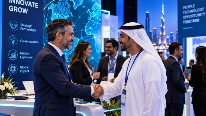 Technology partners and enterprise delegates networking at a sponsored AI conference reception in Dubai