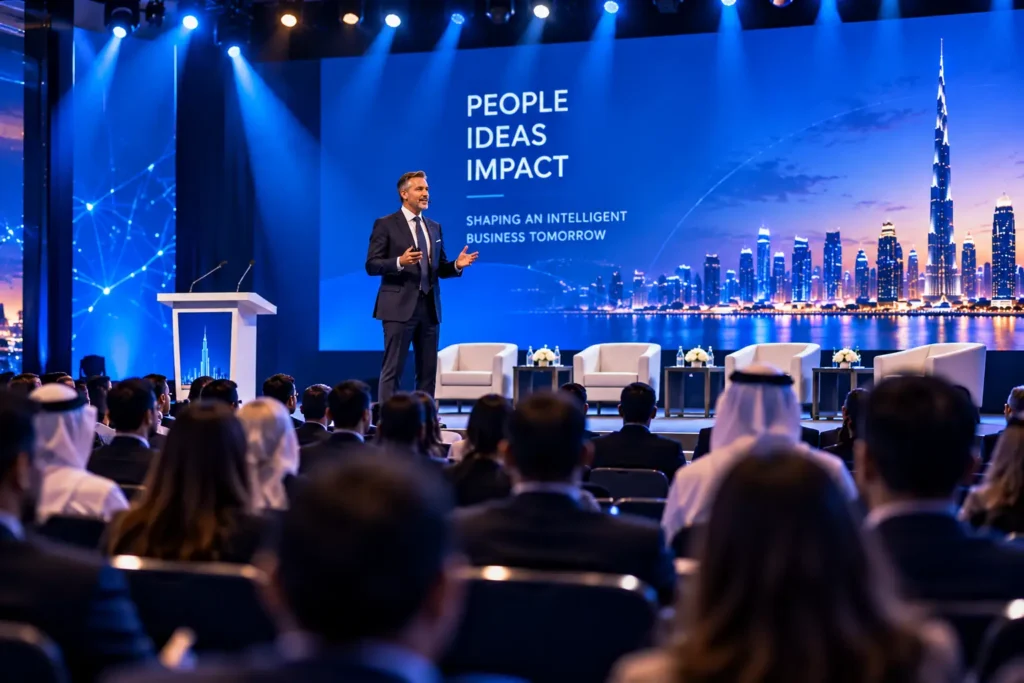 Keynote stage at an enterprise technology summit discussing AI resilience and failover planning