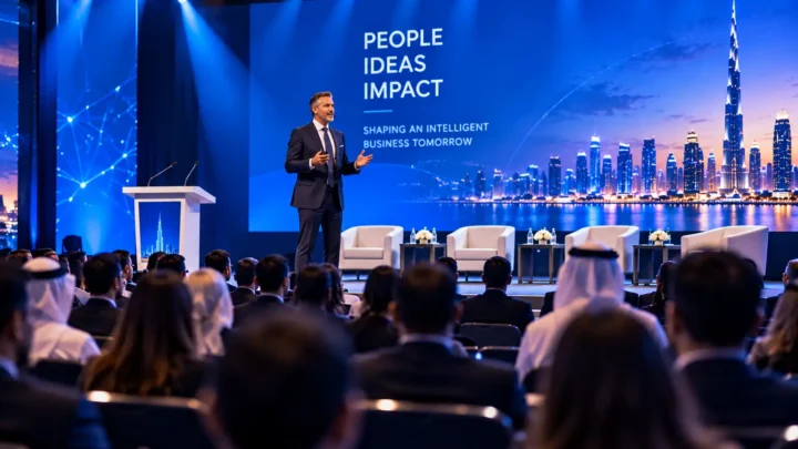 Keynote stage at an enterprise technology summit discussing AI resilience and failover planning