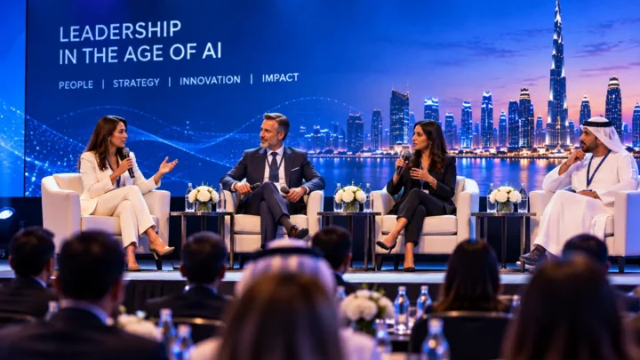 CXO panel discussion on stage comparing private AI and public cloud LLM options for enterprises